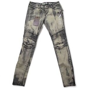 Ten25 Jeans Mens 13/14 Black Gray Distressed Stretch Denim Biker Moto Pants Zip